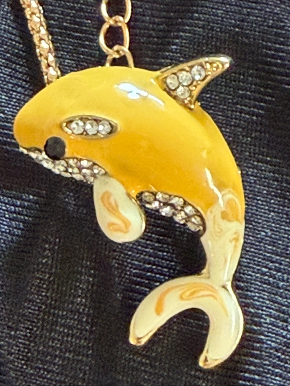 Rhinestone Yellow Marble Shark Pendant Necklace and Brooch
